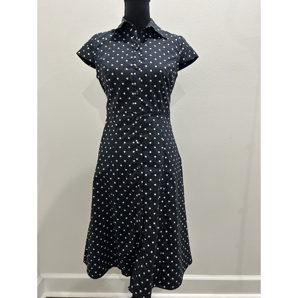 Merona Womens Sz 4 Dress Black White Polka Dot Collared Cap Sleeve